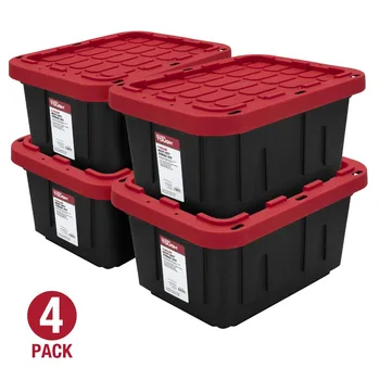Пластиковый контейнер для хранения с защелкивающейся крышкой на 5 галлонов, черный с красной крышкой, набор из 4 штук