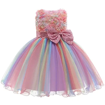 Высококачественное летнее платье для девочек с радужным сетчатым бантом, танцевальный костюм для дня рождения, платье маленькой принцессы, детская одежда 1-10 лет