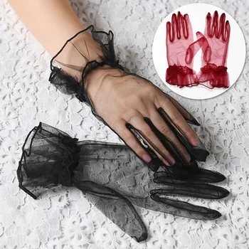 Осенне-летние Женские Короткие тюлевые перчатки, Белые, Черные перчатки для прополки, Эластичные кружевные варежки с полными пальцами, Сетчатые Прозрачные перчатки
