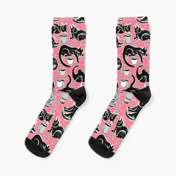 Черные кошки и кофе на клубнично-розовых носках футбольные идеи подарков на день Святого Валентина теннисные мужские носки Мужские Женские