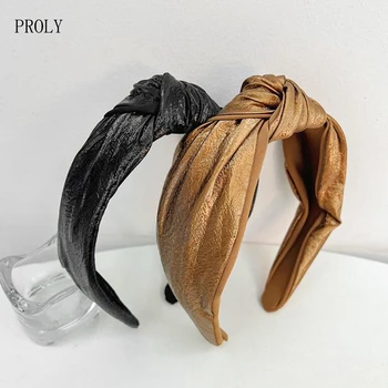 PROLY, Новые модные аксессуары для волос для женщин, Однотонные головные уборы с центральным узлом, повязка на голову из искусственной кожи для девочек, Оптовая продажа