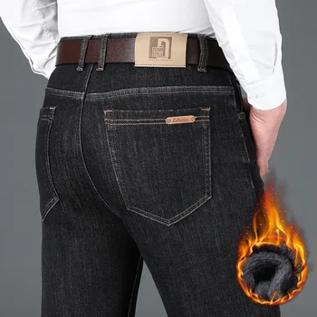 Зимние классические мужские теплые флисовые джинсы с прямыми штанинами, деловые повседневные джинсовые брюки из саржи и хлопка с эластичной подкладкой, мужские брендовые брюки
