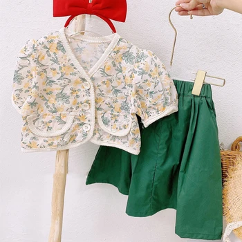 2023 Новый Летний топ с короткими рукавами и цветочным рисунком + юбка из 2 предметов, повседневный комплект в Корейском стиле, Детская одежда, комплект для девочек