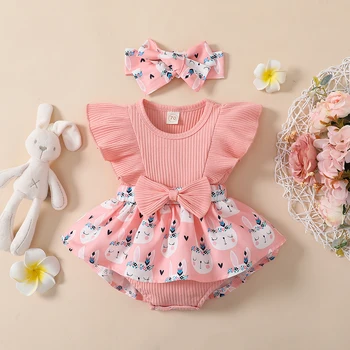 Одежда для новорожденных девочек, вязаное платье-комбинезон с коротким рукавом и бантом, комбинезон с цветочным принтом, летний модный костюм для новорожденных