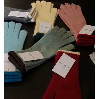Шерстяные пушистые вязаные перчатки для женщин, мужские варежки, осенне-зимние теплые перчатки для рук с сенсорным экраном, однотонные рабочие варежки для верховой езды