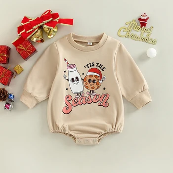 Толстовка для новорожденных девочек и мальчиков, комбинезон с буквенным принтом печенья, повседневный комбинезон с круглым вырезом и длинными рукавами, рождественская одежда