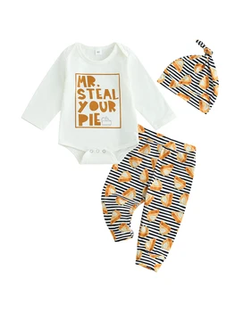 Комплект одежды для мальчика на День Благодарения из 3 предметов с буквенным принтом, комбинезон с длинными рукавами, брюки и шляпа - праздничный наряд для младенцев