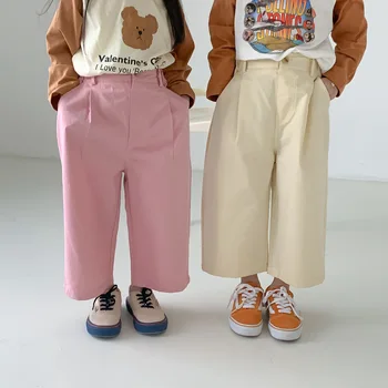 4718C Детские брюки 2023, Весенние Новые Корейские Однотонные Повседневные Прямые брюки для девочек Шести цветов, Свободные Широкие брюки для мальчиков