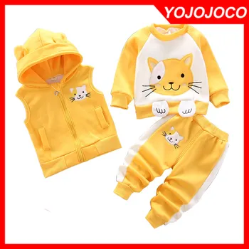 Одежда для маленьких девочек от 0 до 4 лет, весна, осень и зима, плюс бархатный утепленный теплый костюм для мальчиков с рисунком кота, милый свитер с капюшоном, 3 шт.
