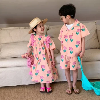 Летний комплект детской одежды MILANCEL, одежда для брата и сестры, футболка и шорты для мальчиков, платье-тюльпан для девочки