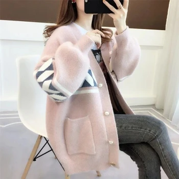 Флисовая шуба из искусственной норки, женский свитер, кардиган толстой вязки, Корейская версия, свободная куртка с верхней пуговицей, розовый