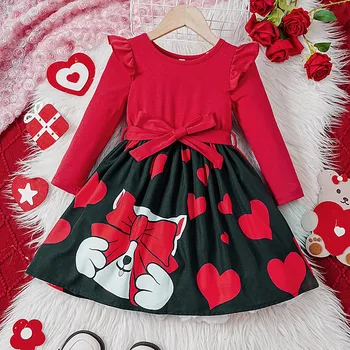 Детское модное платье для девочек, красная юбка с длинными рукавами и поясом, одежда для вечеринки по случаю дня рождения, осенние наряды для девочки 1-5 лет