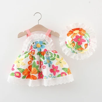 Платье в стиле каникул для маленькой девочки, юбка и шляпка для маленькой девочки, комплект из двух предметов, платье-камзол с цветочным рисунком для детей 9-36 месяцев