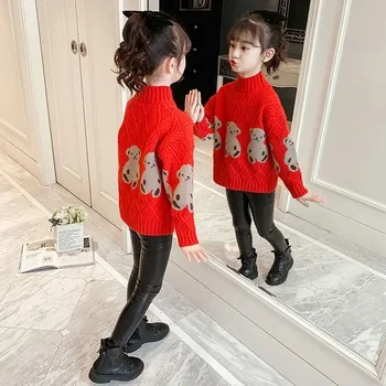 Новый детский осенне-зимний свитер в западном стиле с флисовой подкладкой, утолщенный детский свитер среднего и большого размера, водолазка Женская