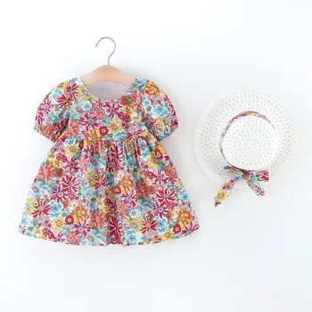 Повседневная детская одежда сзади Полая цветочная юбка с квадратным вырезом и пышными короткими рукавами Детское летнее платье для девочек