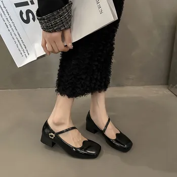 Новые летние 2023 женские квадратный носок ретро неглубокий надрез один ботинок Черный французский толстый каблук Мэри Джейн обувь