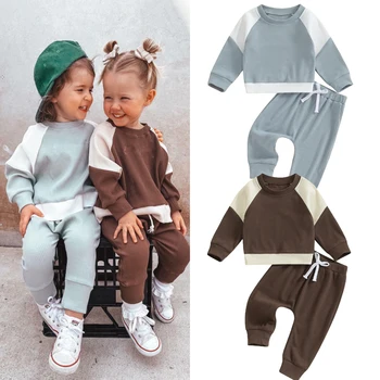 FOCUSNORM/ Комплекты одежды для новорожденных мальчиков и девочек от 0 до 3 лет, 2 шт., пуловер контрастного цвета с длинными рукавами, толстовка и брюки в комплекте