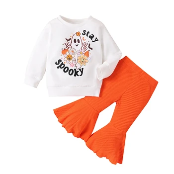 Наряды для маленьких девочек на Хэллоуин, Толстовка с буквенным принтом Тыквы, цветочные Расклешенные брюки Осень-зима