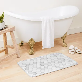 Случайно сдвинутый белый шестигранный геометрический узор в виде сот на заднем плане, коврик для ванной, наборы аксессуаров для коврика для ванной комнаты