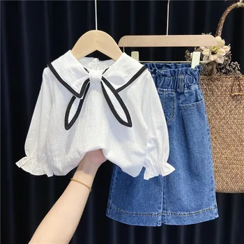 Корейский комплект осенней одежды для девочек от 2 до 7 лет, белая рубашка с коротким рукавом и темно-синим воротником + широкие джинсовые брюки, джинсы, 2 предмета одежды