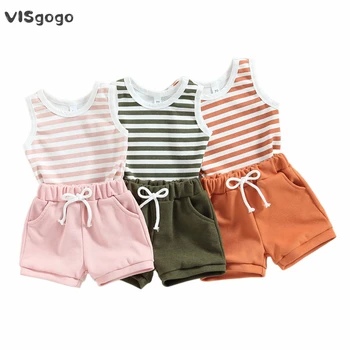 VISgogo, Летняя одежда для маленьких мальчиков и девочек, вязаный жилет без рукавов с круглым вырезом, Топы, Короткие штаны с завязками, 2 предмета, повседневная одежда