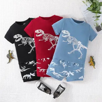 Летняя футболка с короткими рукавами и принтом динозавра для мальчиков 4-6 лет, комплект шорт, детский пуловер с героями мультфильмов, комплект из двух предметов, одежда для маленьких мальчиков