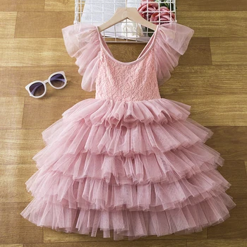 Розовое кружевное платье с цветочным узором для детей 2023, Летняя Новая одежда для маленьких девочек, свадебные церемонии, праздничные платья для девочек, вечерние платья для общения