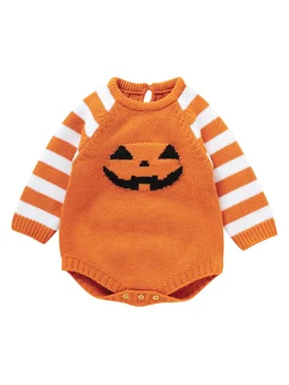 Костюм на Хэллоуин для маленькой девочки, платье-тыква для малышей, вязаный комбинезон на подтяжках - Осенний теплый свитер для наряда