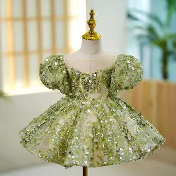Детское вечернее платье принцессы с зелеными пайетками и пышными рукавами на День рождения, крещение, Пасху, Праздничные платья для девочек A2561
