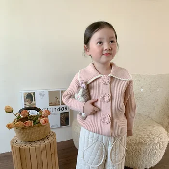 Детская одежда, милый свитер для девочек, вязаный кардиган в корейском стиле, осенне-зимнее новое модное пальто с длинными рукавами
