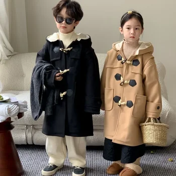 Детская одежда, детское пальто 2023 года Для мальчиков и девочек, Корейское стильное однотонное повседневное пальто с капюшоном, плотное модное теплое пальто