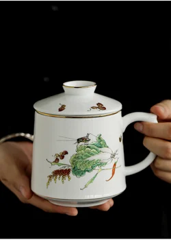 Эмалированная керамическая бытовая кружка с крышкой, стакан для воды, офисное ситечко с золотой росписью, чашка для заварки чая