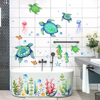 Наклейки для ванны с изображением большой океанической черепахи и водорослей - Самоклеящийся декор для стен в ванной