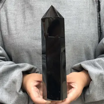 Натуральный черный обсидиан с шестигранным острием, отполированный вручную Кристалл для исцеления чакры, Палочка, колонна из минерального камня, башня ручной работы, 1шт