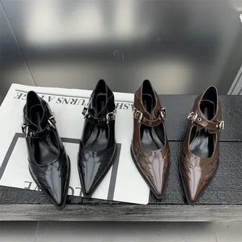 Высококачественные женские туфли на низком каблуке С острым носком и пряжкой для ремня, туфли-лодочки в стиле панк, Женские вечерние модельные туфли A28-95