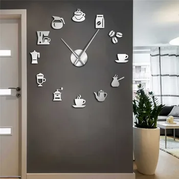 DIY новый современный дизайн настенные часы 3D форма кофейной чашки акриловые домашние часы для кухни декор столовой зеркало бесшумный часовой механизм