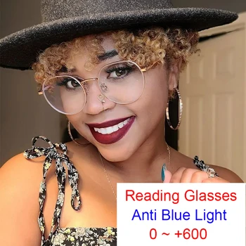 Винтажные Классические женские очки с анти-синим светом, рецептурные очки для дальнозоркости, Диоптрий 0 ~ + 600, Прозрачная круглая металлическая оправа для очков