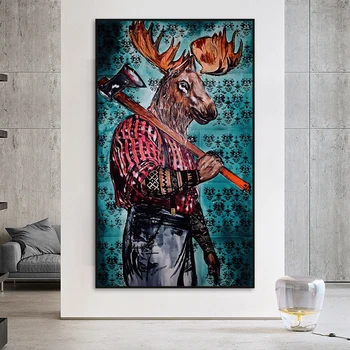 Абстрактная картина маслом с животными, Человек-лось с топором, плакаты на холсте, настенные рисунки с принтом Человека-оленя Куадроса для декора гостиной