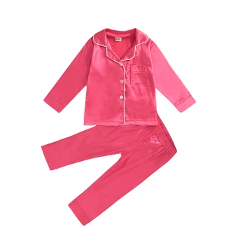 Citgeett/ Летний комплект ночной одежды для мальчиков и девочек, однотонный топ с отложным воротником + пижамные брюки, розово-красная одежда