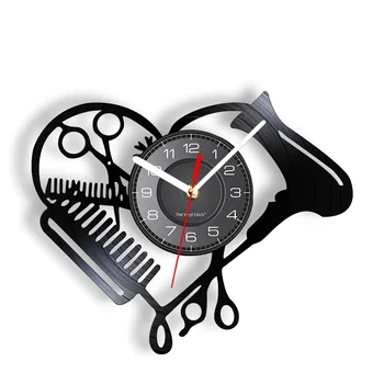 Инструменты для парикмахерской Виниловая пластинка Настенные часы Салон красоты Парикмахерская Сушилка в форме сердца Ножницы Расческа Дизайн парикмахера Бесшумные часы Часы