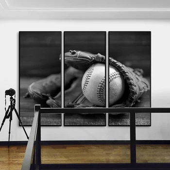 3 панели, черные бейсбольные перчатки и бейсбольные мячи, плакаты, спортивное искусство, печать на холсте, HD-изображение для декора стен в гостиной, дома.