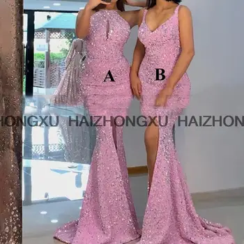 Блестящие розовые платья подружек невесты с пайетками, длинные женские платья на бретельках с разрезом по бокам в стиле русалки, вечернее платье для новобрачных
