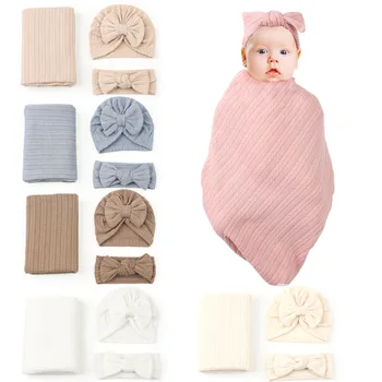 3 шт./компл. Одеяло для новорожденных, вязаное пеленальное покрывало с шапочкой-бантом, Комплекты повязок на голову для младенцев