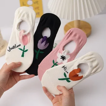 Женские носки Летние Cartton, милые тапочки с цветочным рисунком Kawaii, хлопковые невидимые силиконовые нескользящие мягкие лодыжки, короткие носки-лодочки