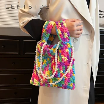 Вязаный дизайн в стиле LEFTSIDE Y2K, маленькие милые сумки через плечо для женщин 2023, зимние модные сумки и кошельки люксового бренда, расшитые бисером.