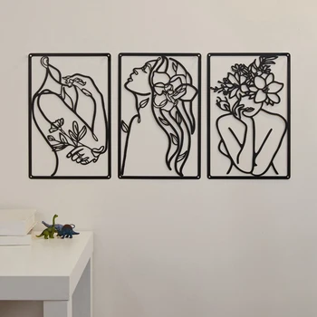 3 Предмета, металлический минималистичный Абстрактный Женский Настенный рисунок, Линейный рисунок, настенный декор, Однострочный Женский Домашний Подвесной декор на стену, Прочный
