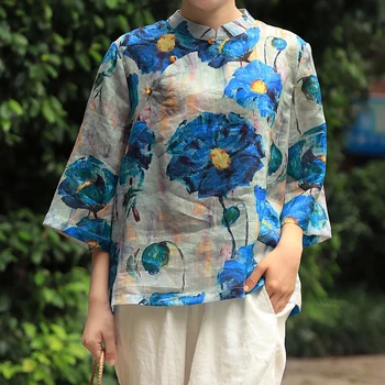 Johnature, женские рубашки с синим принтом и цветочным рисунком, Винтажные топы с семью рукавами-стойками 2023, Весенние блузки в китайском стиле на пуговицах, Свободные рубашки