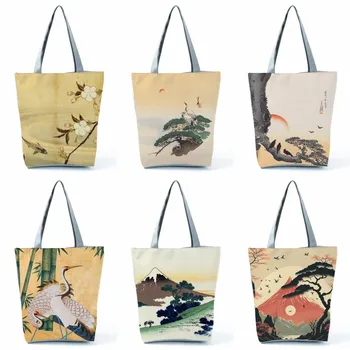 Сумки Ukiyoe в японском стиле, женские сумки-тоут с пейзажным принтом, повседневная Эко-сумка для покупок многоразового использования с индивидуальным рисунком