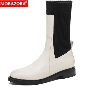 MORAZORA 2022, Новые Однотонные ботинки без застежки до середины икры, Зимние туфли на среднем квадратном каблуке, Лидер продаж, Женские ботинки из натуральной кожи