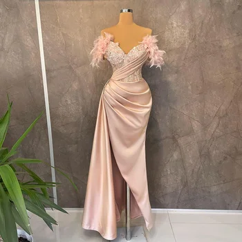 Розовые платья-русалки без рукавов, милое кружево, Атласное перо, длина до пола, сверкающий боковой разрез, аппликация из пайеток, платье для выпускного вечера